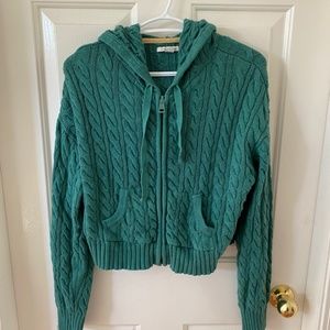 American Eagle Green Cropped Cable Knit Zip Up Sweater- L